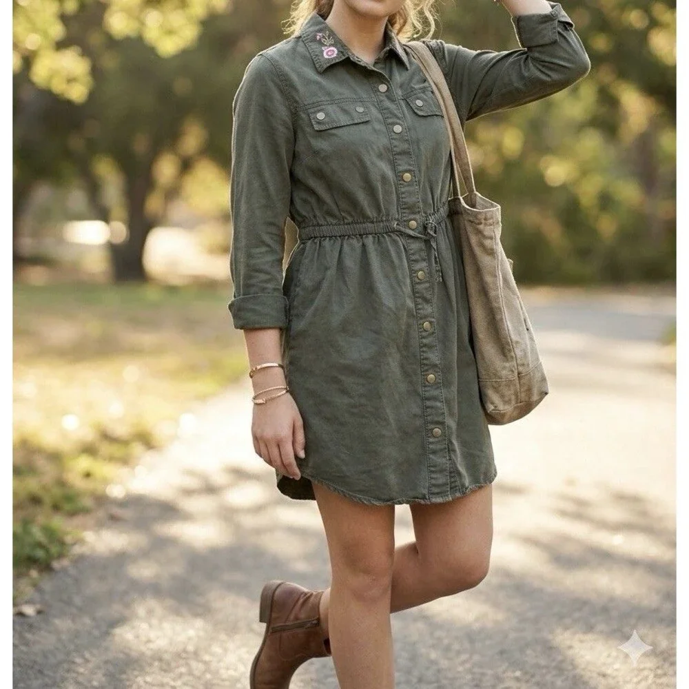 Derek Heart Girl M Olive Green Shirt Dress Embroidered Floral Utility Jacket